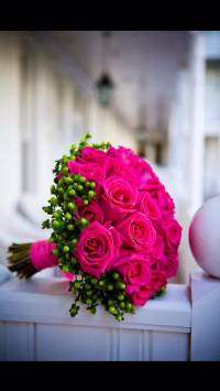 Mod.412 - Bouquet de rosas fucsia e hip&eacute;ricum